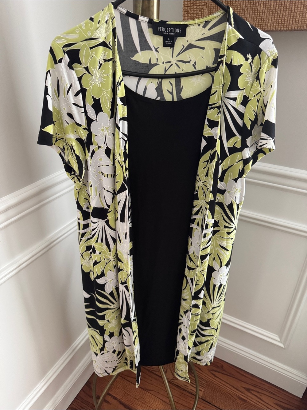 Perceptions Black, Lime & White Floral Open-Front Dress